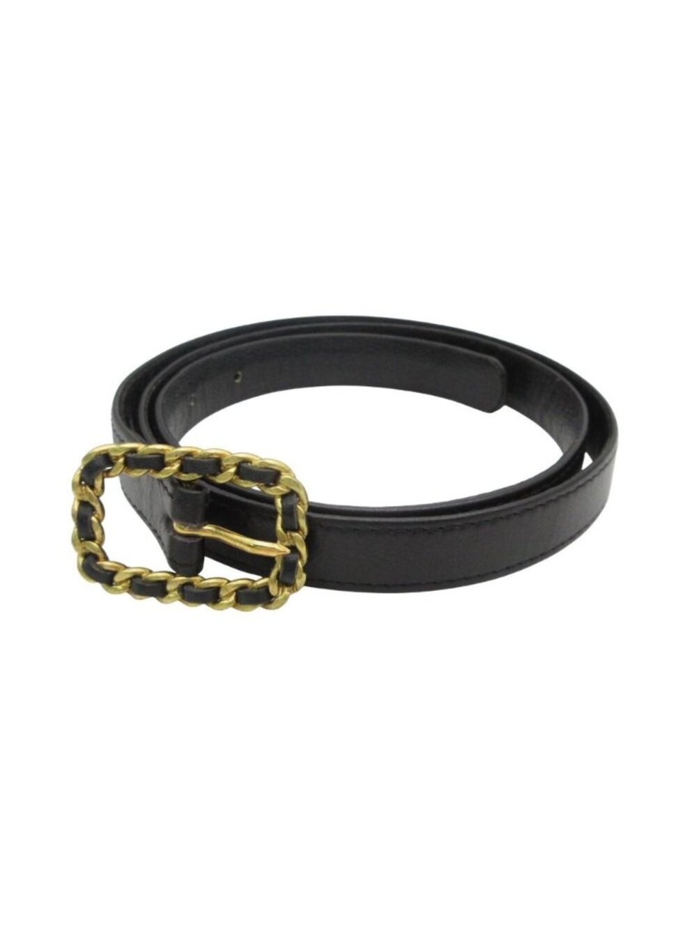 Chanel Belt Chain Buckle Leather Narrow Gold Black